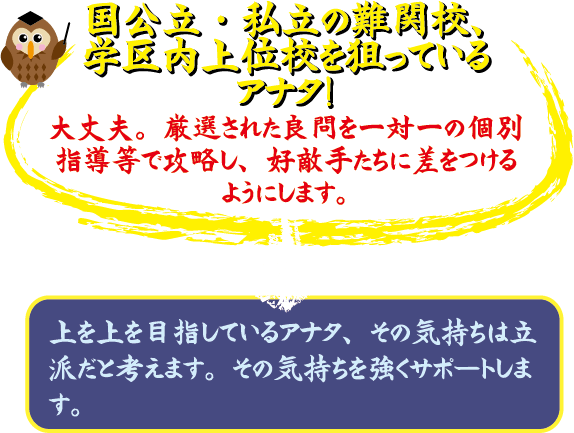 国公立・私立の難関校、学区内上位校を狙っているアナタ！ 大丈夫。厳選された良問と一対一の個別指導で水準し、好敵手たちに差をつけられるようにします。