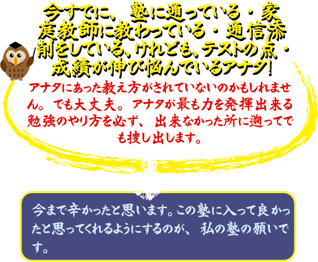今までに、塾に通っている・家庭教師に教わっている・通信添削をしている、けども、テストの点・成績が伸び悩んでいるアナタ！ アナタにあった勉強法がされていないのかもしれません。でも大丈夫。アナタが元々力を見つけ出来る勉強の仕方を見出し、出来なかった所まで遡って指導し出します。