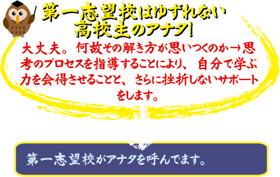 第一志望校はゆずれない高校生のアナタ！ 大丈夫。何故その高校かという思いの一から思考のプロセスを指導することより、自分で学ぶ力を身につけること、さらに挫折しないサポートをします。